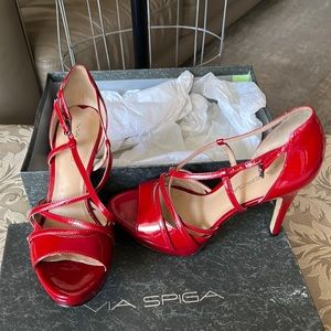 New, red strap high heels. By Via Spiga